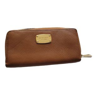 Vintage Genuine Michael Kors Zip Around Wallet Cognac Pebble Leather Gold Accent